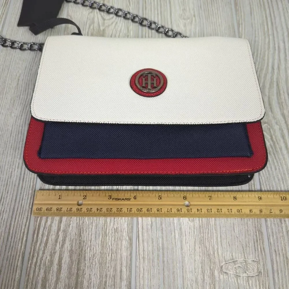 Tommy Hilfiger Classic Colorblock Blue White Red Chain Crossbody Bag Faux Leathe